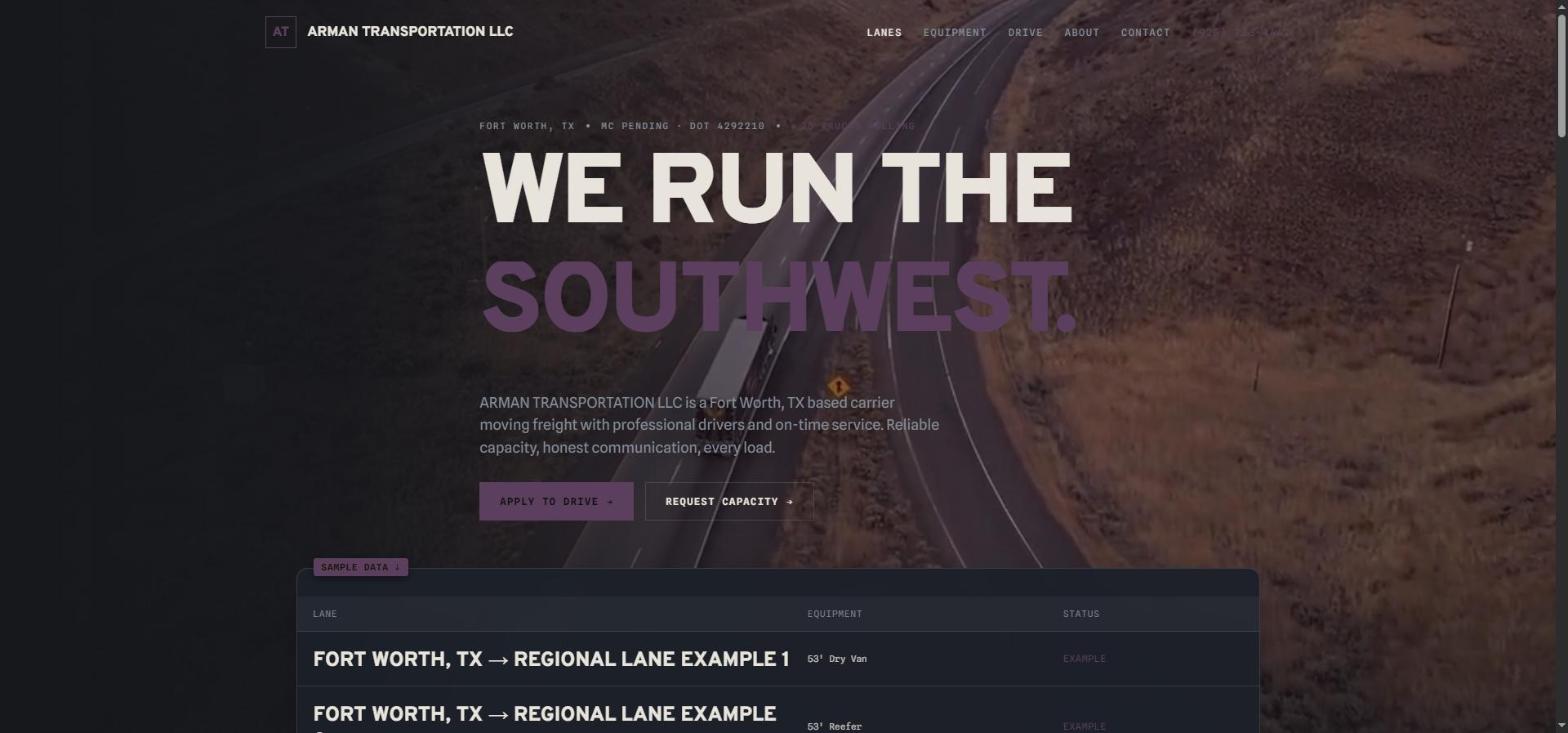 Arman Transportation LLC website homepage