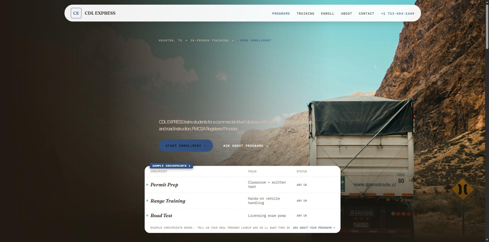 Homepage of the CDL Express website, a driver training school site with ELDT course information
