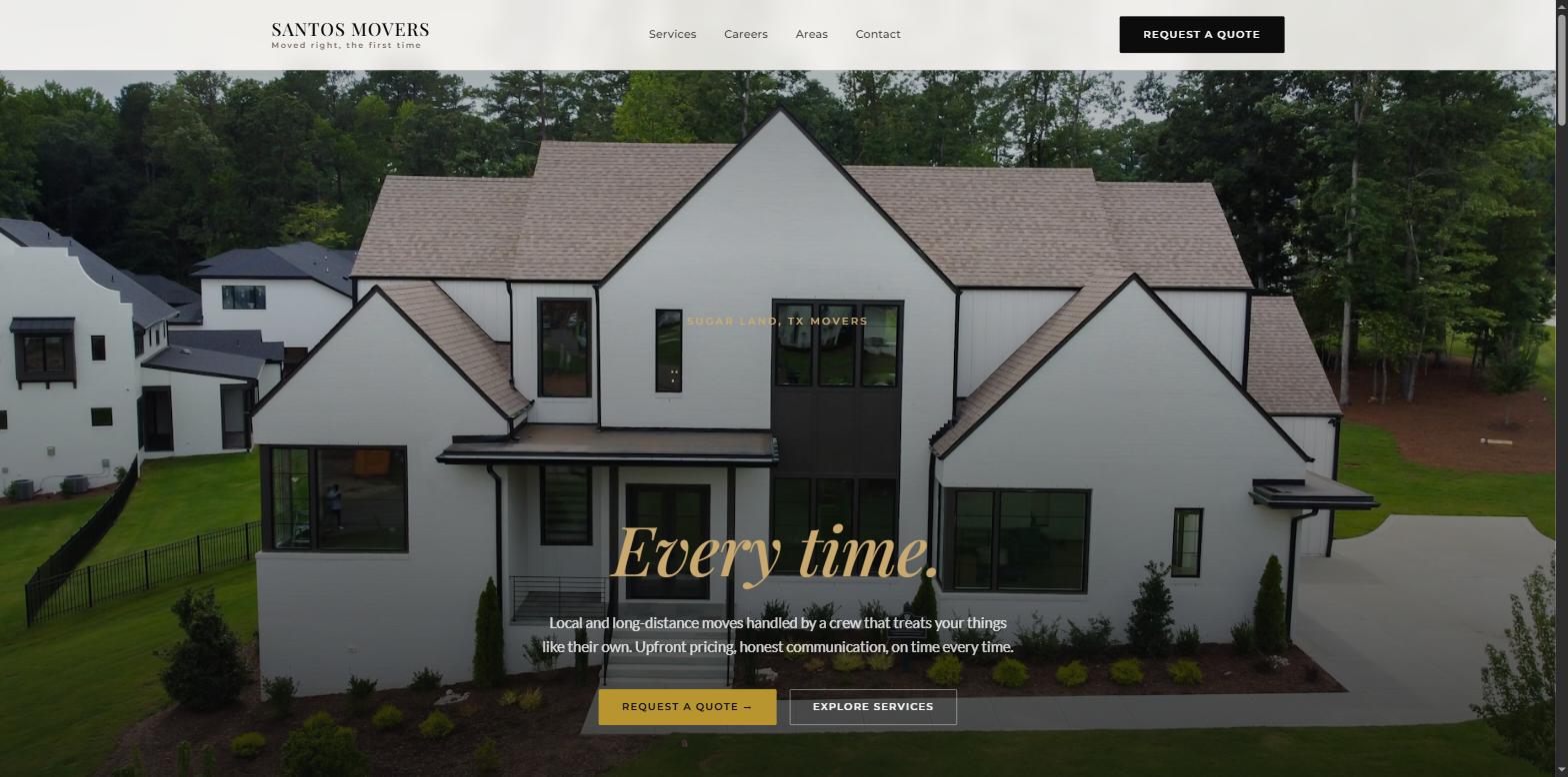 Homepage of the Santos Movers website, a household moving company site with real pricing tiers and a request-a-quote form