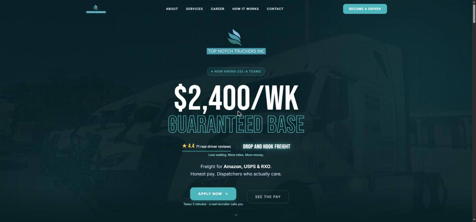 Top Notch Truckers Inc website, a custom site we built for a client
